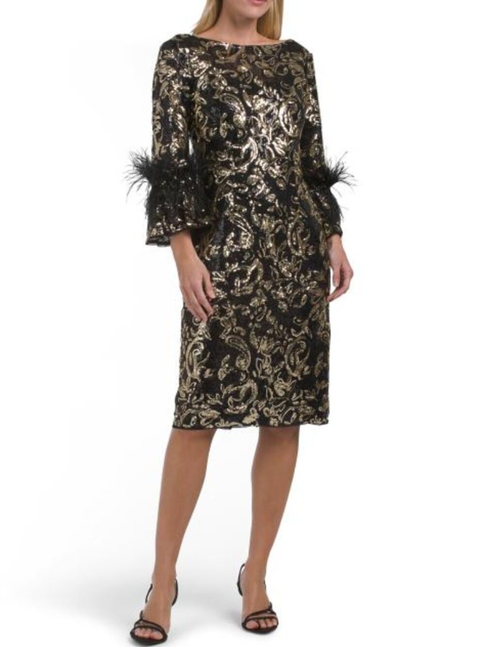 ADRIANNA PAPELL Three-quarter Sleeve Embellished Feather Cocktail Dress
